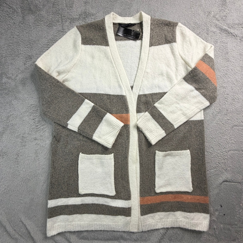 NWT Signature Studio Womens XL Ivory Taupe Coral Striped Open Front Cardigan